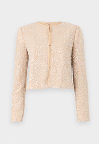 Giacca beige cropped con maniche lunghe, coperta di paillettes, caratterizzata da un colletto rotondo e chiusura frontale con bottoni. Fodera interna liscia.