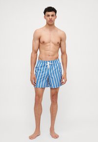 Blue and white striped swim shorts with elastic waistband and drawstring. Fabric is smooth, casual fit, knee-length design. Barefoot model.