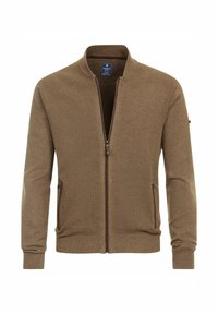 Braune Zip-Jacke aus strukturiertem Stoff, mit Stehkragen, zwei seitlichen Taschen und gerippten Bündchen und Saum. Verfügt über einen kontrastierenden Reißverschluss.