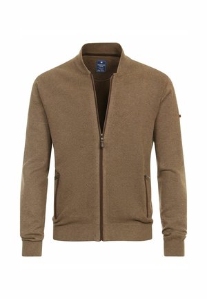 Brown zip-up jacket with textured fabric, standing collar, two side pockets, and ribbed cuffs and hem. Features a contrast zipper detail.