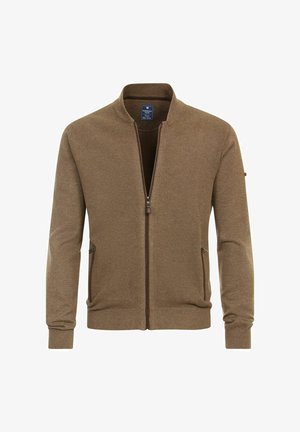 Brown zip-up jacket with textured fabric, standing collar, two side pockets, and ribbed cuffs and hem. Features a contrast zipper detail.
