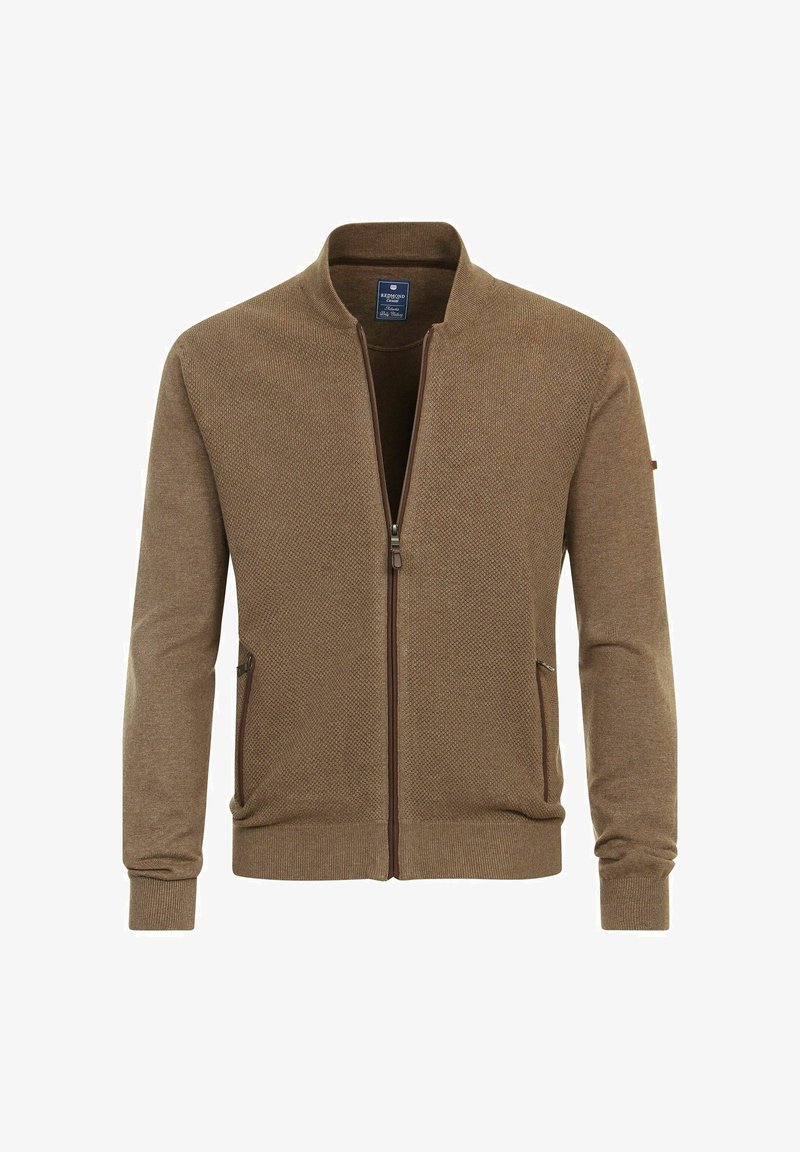 Braune Zip-Jacke aus strukturiertem Stoff, mit Stehkragen, zwei seitlichen Taschen und gerippten Bündchen und Saum. Verfügt über einen kontrastierenden Reißverschluss.