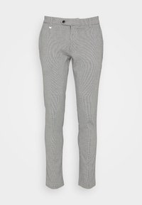 Šedé kalhoty s houndstooth vzorem, slim fit, s předním zapínáním na knoflík a poutky na pásek, vyrobené z tkané látky.