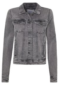 Grå denimjacka med klassisk krage, framfickor och knappstängning, med en urtvättad finish och starka sömmar.