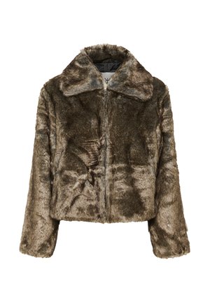 Veste en fausse fourrure marron, cropped, avec un col chemise, fermeture éclair et surface texturée. Avec des manches longues et une apparence douce et pelucheuse.