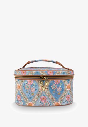 Rechthoekige cosmetische tas met bruine handgreep en dubbele ritssluiting, met een blauwe achtergrond en een meerkleurig bloemmotief met gouden ritstrekker.