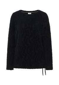 Maglia in pile nero con motivo a zigzag testurizzato, scollo rotondo e maniche lunghe. Presenta un coulisse regolabile all'orlo.