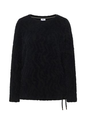 Zwarte fleece top met een getextureerd zigzagpatroon, een ronde halslijn en lange mouwen. Heeft een verstelbaar trekkoord aan de zoom.