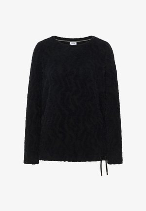 Černý fleeceový top s texturovaným vzorem cikcak, kulatým výstřihem a dlouhými rukávy. Má nastavitelný šňůrkový tkanička na lemu.