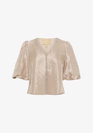Ljust beige kort blus med V-ringning, korta puffärmar, tillverkad av ett strukturerat tyg, med en framfäste dragkedja.