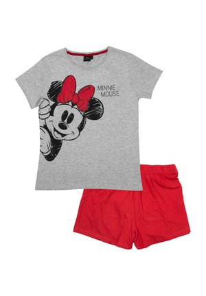T-shirt in cotone grigio con grafica nera di Minnie Mouse e fiocco rosso, abbinato a pantaloni corti in cotone rossi con cintura elastica.
