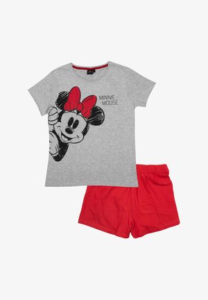T-shirt in cotone grigio con grafica nera di Minnie Mouse e fiocco rosso, abbinato a pantaloni corti in cotone rossi con cintura elastica.
