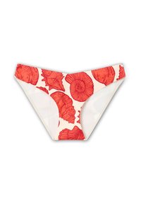 Bikini gaćice s uzorkom crvenih školjki na kremastom materijalu, s niskim strukom i kontrastnim prozirnim bočnim panelima. Glatka tekstura kroz cijelu odjeću.
