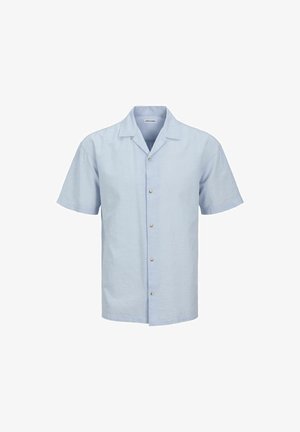 Light blue short-sleeve shirt made of linen with a soft texture. Features a button-down front and a classic collar. Designed for casual wear.