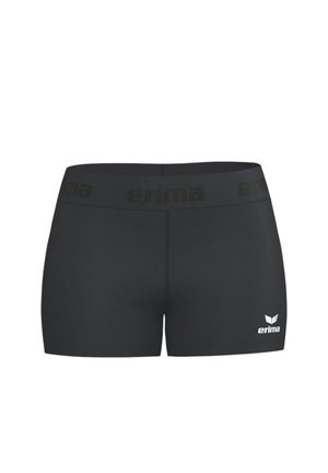 Shorts de sport noirs ajustés avec une large ceinture, affichant le logo "erima" sur la ceinture et sur la partie inférieure de la jambe gauche.
