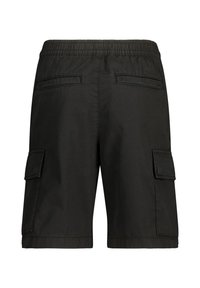 Mustat cargo-shortsit, joissa on joustava vyötärö, kaksi takataskua ja sivutaskut säilytystä varten. Valmistettu sileästä ja kestävästä kankaasta.