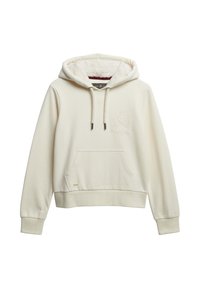 Sudadera color crema con capucha forrada de felpa, bolsillo tipo canguro en la parte frontal, cordones de ajuste y un discreto logotipo bordado en el pecho.