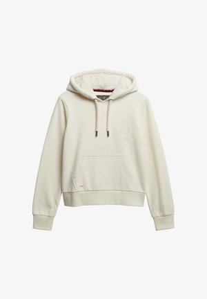 Cremefarbener Hoodie mit fleecegefütterter Kapuze, vorderer Kängurutasche, Kordelzügen und dezent gesticktem Logo auf der Brust.