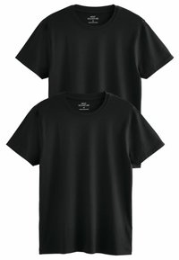To sorte korte ærmer crew neck T-shirts i størrelse medium, der overlapper hinanden på en hvid baggrund.