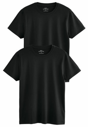 Dos camisetas de cuello redondo de manga corta en color negro liso, tamaño mediano, superpuestas sobre un fondo blanco.