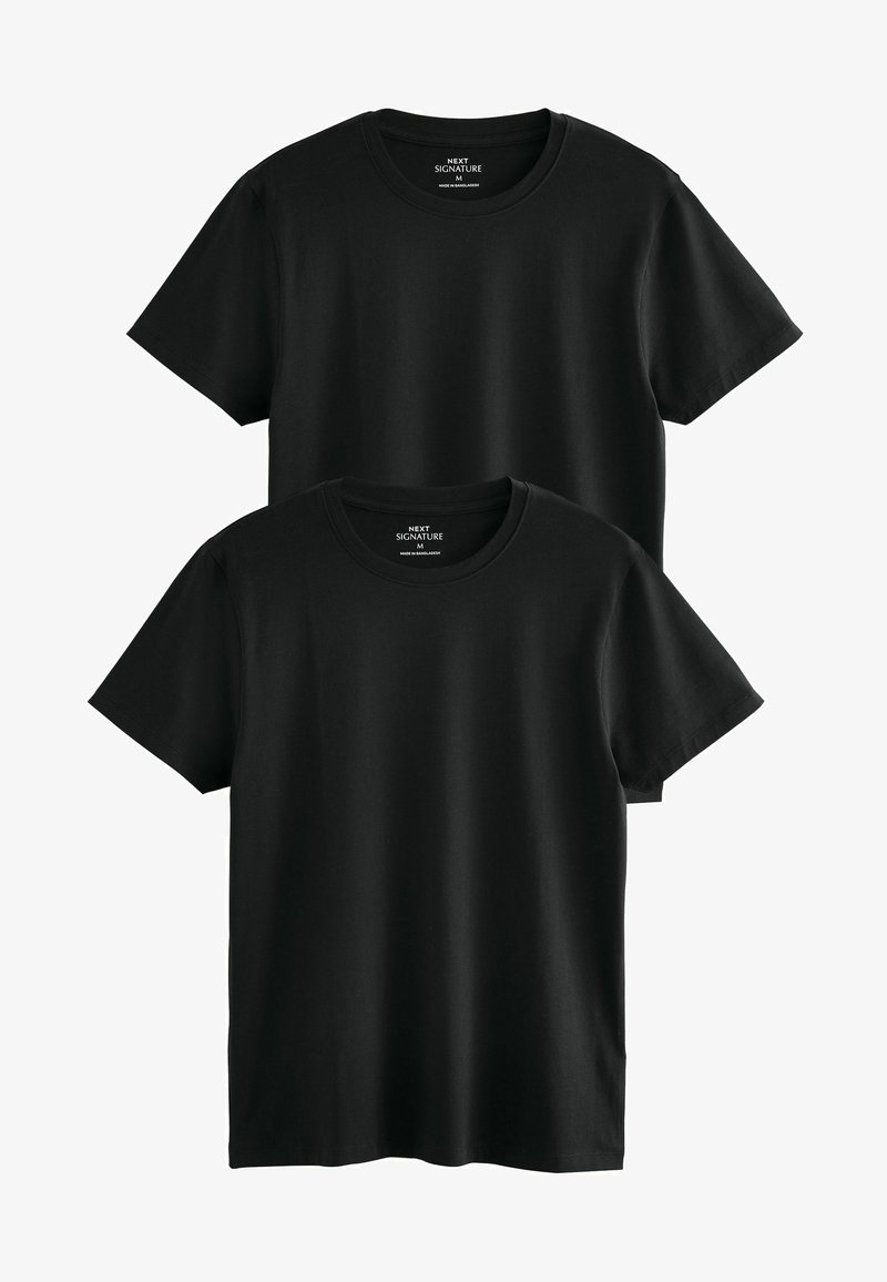 Two plain black short-sleeve crew neck T-shirts, medium size, overlapping on a white background.