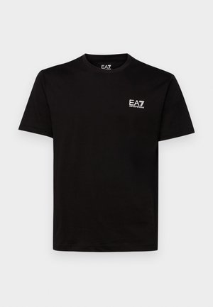 Black cotton t-shirt with crew neckline, short sleeves, and small white EA7 logo on the left chest. Smooth texture and regular fit.