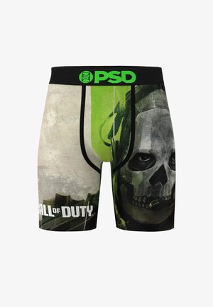 Calzoncillos bóxer con un diseño verde y gris que presenta una calavera con auriculares y el logo de "Call of Duty", con una cinturilla negra etiquetada como PSD.