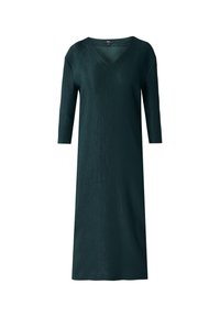 Ciemnozielona sukienka z dekoltem w serek, trzema czwartego długości rękawami i prostym krojem z delikatną teksturowaną fakturą.