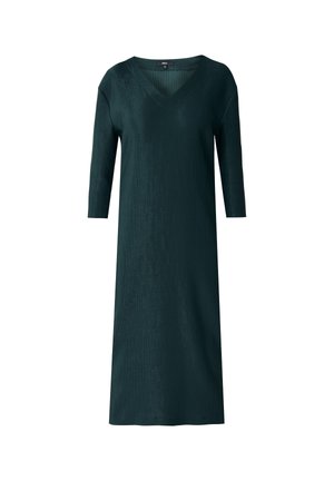 Dunkelgrendes Kleid mit V-Ausschnitt, dreiviertelärmeln und gerader Silhouette mit einer dezenten strukturierten Oberfläche.