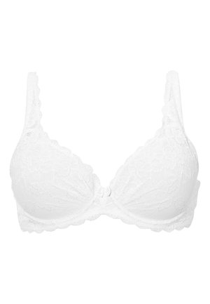 Witte kanten bh met een geschulpte rand, gevormde cups en een delicate strik in het midden. Zachte textuur met bloempatronen.