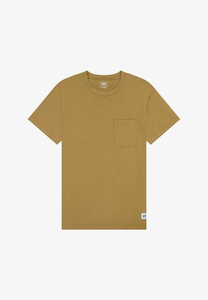 Beige katoenen t-shirt met ronde hals, korte mouwen en een enkel borstzakje, met een klein label aan de onderzoom.
