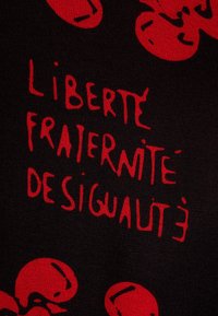 Zwarte stof met gedurfde rode tekst waarop "LIBERTE FRAIERNITE DESIGUALITE" staat, naast grafische rode elementen die abstracte vormen lijken te zijn.