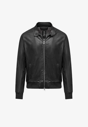 Schwarze Leder-Bomberjacke mit einem Reißverschlussvorn, geripptem Taillenbund und Bündchen sowie einem karierten Innenfutter. Verfügt über zwei Seitentaschen.