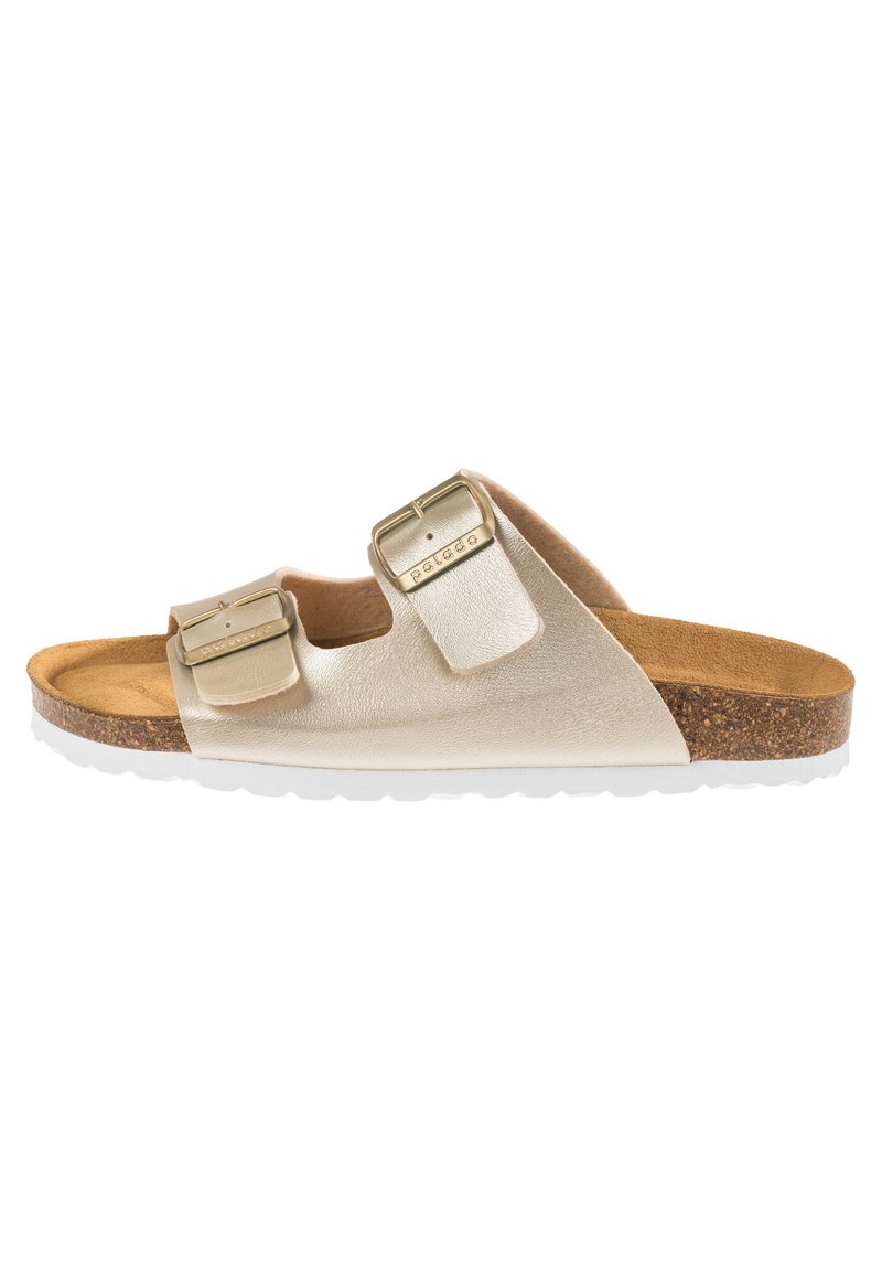 Beige leather sandals with two adjustable straps, gold buckles, and cork footbed; white rubber sole with textured surface.