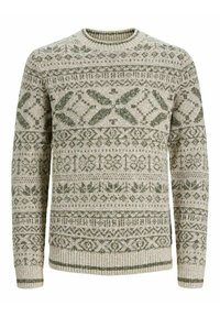 Strickpullover in hellem Beige mit grünen geometrischen Mustern. Verfügt über einen Rundhalsausschnitt sowie gerippte Bündchen und Saum für eine strukturierte Optik.