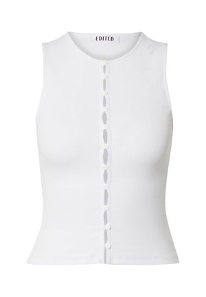 Witte, ribbelige mouwloze top met een ronde halslijn en een knoopsluiting aan de voorkant met kleine, ronde witte knopen en een aansluitende pasvorm.