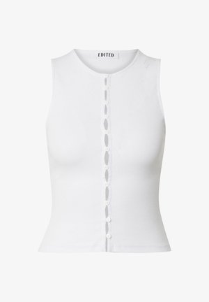 Weißes, geripptes, ärmelloses Oberteil mit rundem Ausschnitt und Knopfleiste vorne, die mit kleinen, runden weißen Knöpfen versehen ist, sowie einer figurbetonten Silhouette.