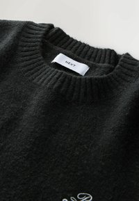 Mørkegrå sweater med ribbet rund halsudskæring og blød tekstur. Etiketten læser "NEXT." Har et dekorativt hvidt broderet detalje.