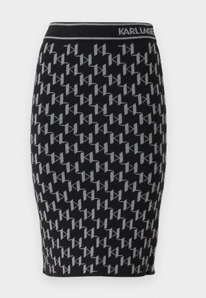Black knitted pencil skirt featuring a repeating grey "KL" logo pattern and a black waistband with the brand name "KARL LAGERFELD."