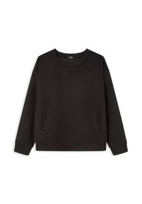 Sudadera negra de tela suave, con mangas largas, cuello redondo y bolsillos laterales. Diseño minimalista con un corte relajado.