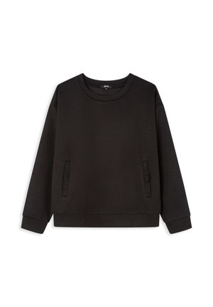 Sudadera negra de tela suave, con mangas largas, cuello redondo y bolsillos laterales. Diseño minimalista con un corte relajado.