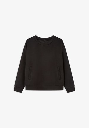 Sweatshirt noir en tissu doux, avec des manches longues, un col rond et des poches latérales. Design minimaliste avec une coupe décontractée.