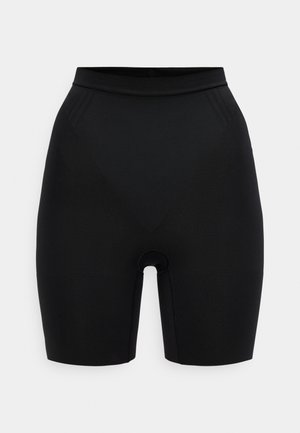 Black high-waist seamless biker shorts with mid-thigh length and a wide elastic waistband on a white background.