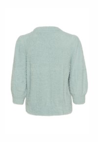 Light blue, fuzzy sweater with a relaxed fit, dropped shoulders, and ribbed cuffs. Soft texture with a simple, unadorned design.