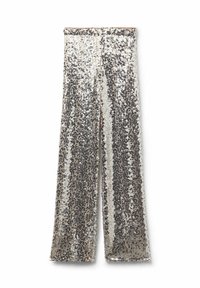 Szerokie spodnie pokryte srebrnymi i czarnymi cekinami leżą płasko na białym tle.