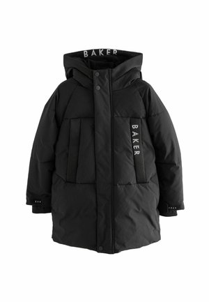 Doudoune noire avec capuche, dotée d'accents en mesh, de poches avant et d'un logo "BAKER" sur la poitrine et les manches.