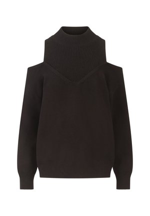 Pull noir avec un col montant haut, design à épaule dénudée, texture côtelée et découpe en V à l'avant, avec des manches ajustées.