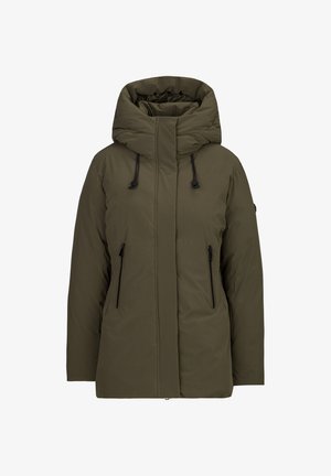 Olivegrüne gepolsterte Jacke mit hohem Kragen, verstellbarem Kordelzugkapuze und zwei vorderen Reißverschlusstaschen. Glatte Textur und Reißverschlussdetails.