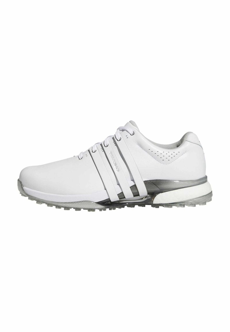 Białe sportowe buty z gładką cholewką, trzema czarnymi paskami, teksturowaną podeszwą oraz amortyzującą podeszwą środkową dla komfortu.
