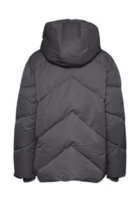 Pufferjack in donkergrijs, met een capuchon, chevron stikpatroon en een gladde, waterafstotende stofafwerking.